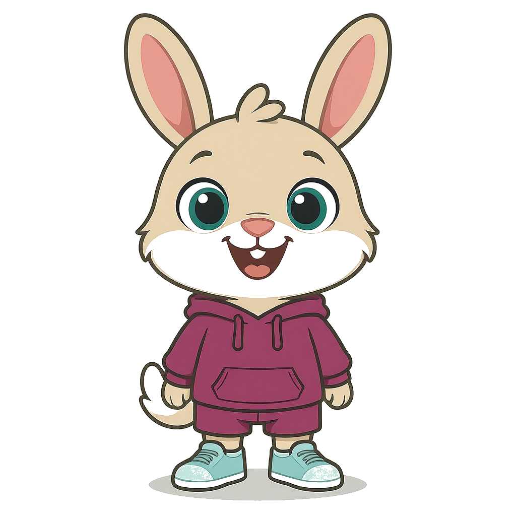 Hoppy the rabbit, Lumi's faithful friend, with a warm smile and playful attitude